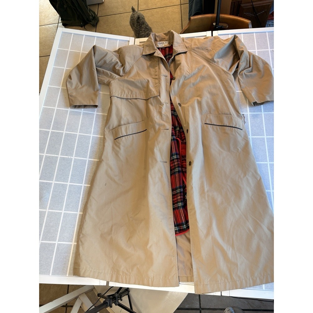 Vintage SBII Bitterman Plaid Blanket Lined Knaki‎ 80s 90s Trench Coat Womens 12